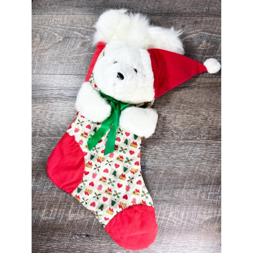 Vintage Plush‎ Stuffed White Teddy Bear Christmas stocking quilt fabric
